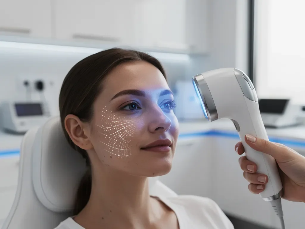 3D huidanalyserapparaat scant gezicht van patiënt met blauwe LED-verlichting in moderne medische kliniek