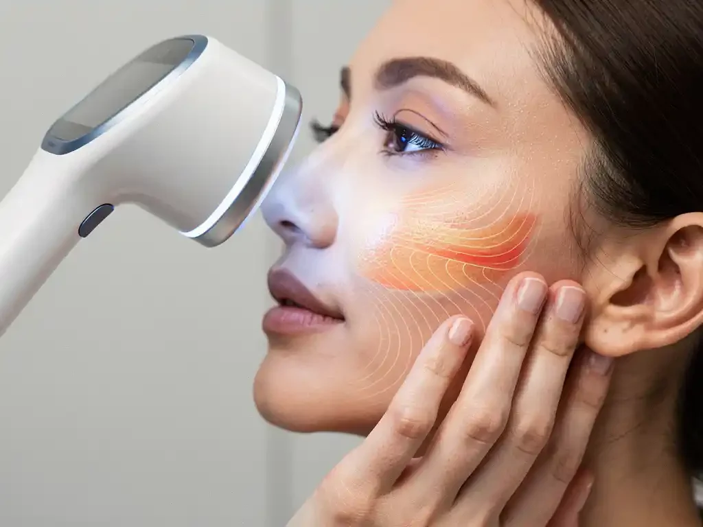 Professionele 3D huidanalyse-apparaat scant wang van vrouw, toont vochtigheidsniveaus via kleurkaart in klinische behandelkamer