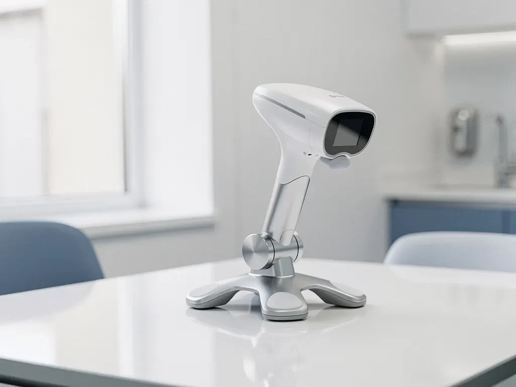 Witte 3D huidanalyse apparaat met gebogen scanner op medische consultatietafel in moderne dermatologiekliniek