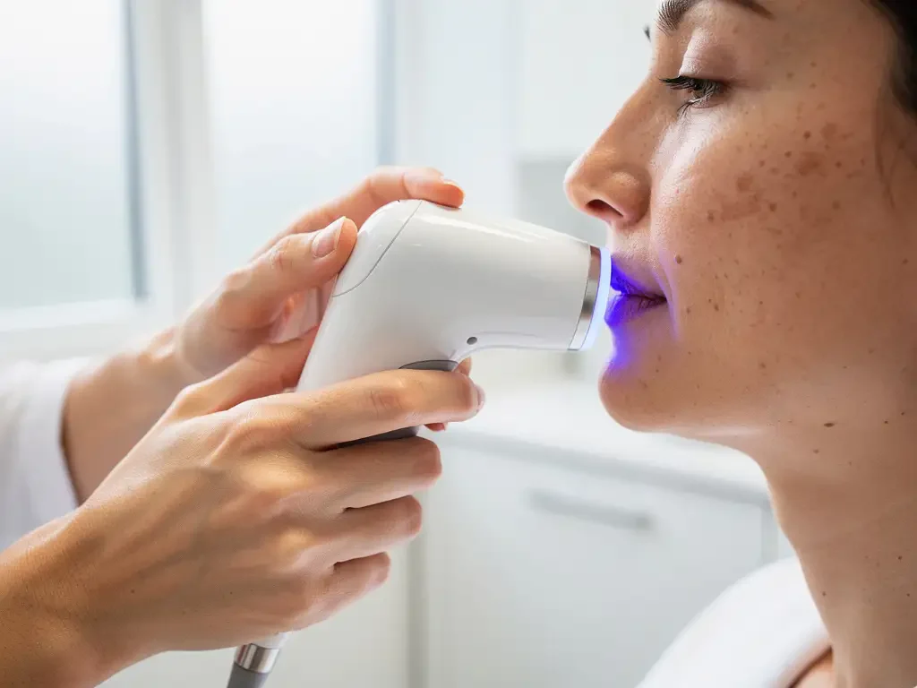 Dermatoloog gebruikt witte 3D huidanalyse scanner met blauwe LED-indicatoren op patiënt wang in steriele kliniek