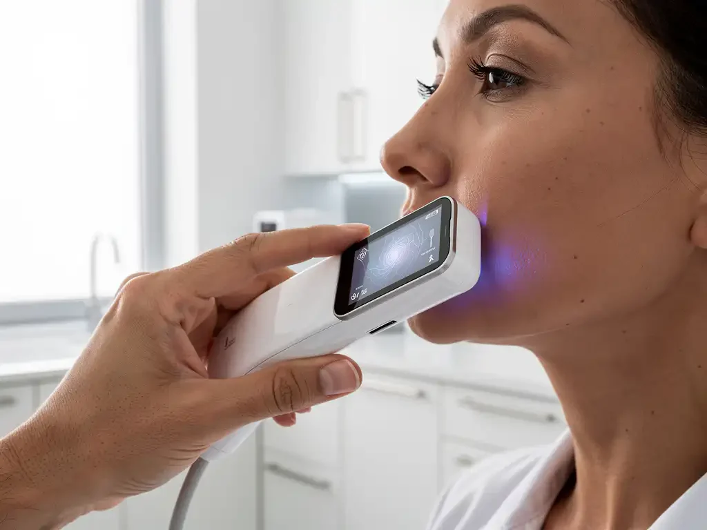 Dermatoloog gebruikt witte 3D huidanalysescanner op wang van patiënt in moderne medische kliniek
