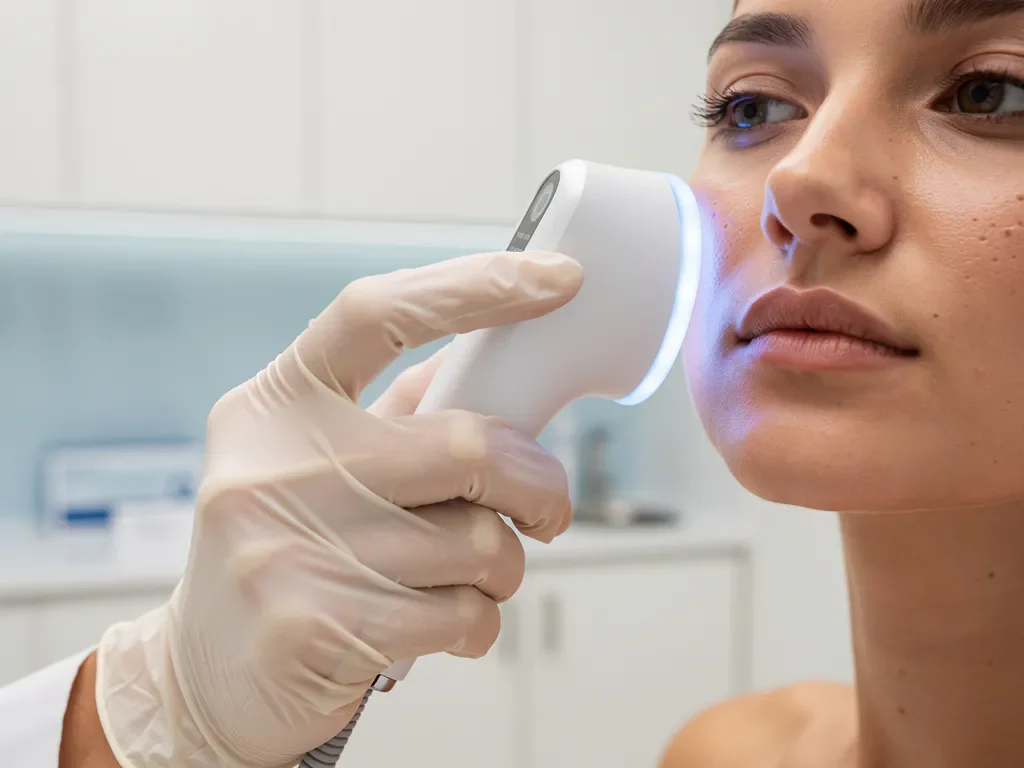 Dermatoloog houdt witte 3D huidanalyse apparaat met blauw LED-licht bij patiëntengezicht in moderne kliniek