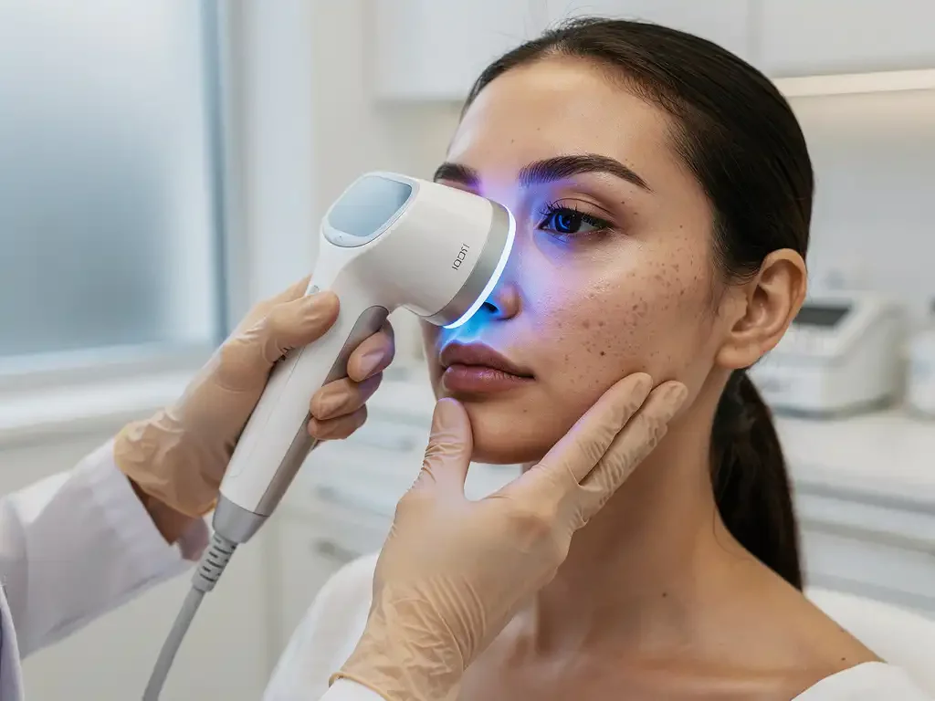 Dermatoloog positioneert 3D huidanalyse-apparaat bij patiënt in moderne kliniek met zachte blauwe scanlicht