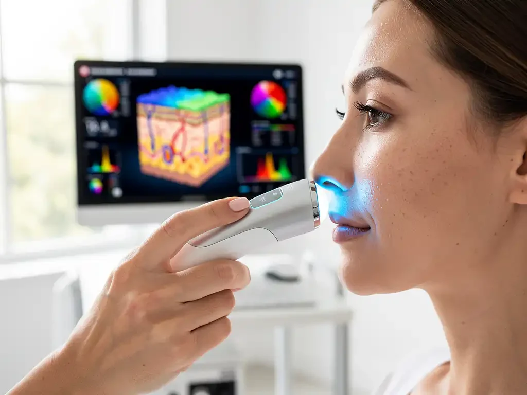Geavanceerd huidanalyseapparaat met blauwe LED-sonde raakt wang van model aan, 3D huidbarrièremetingen op monitor zichtbaar