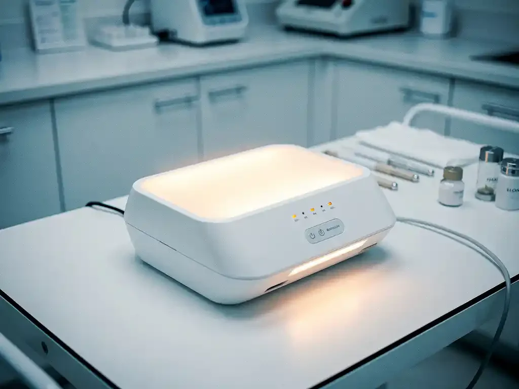 Witte 3D huidanalyse-apparaat met verlichte scanoppervlak op medische onderzoekstafel in steriele klinische omgeving