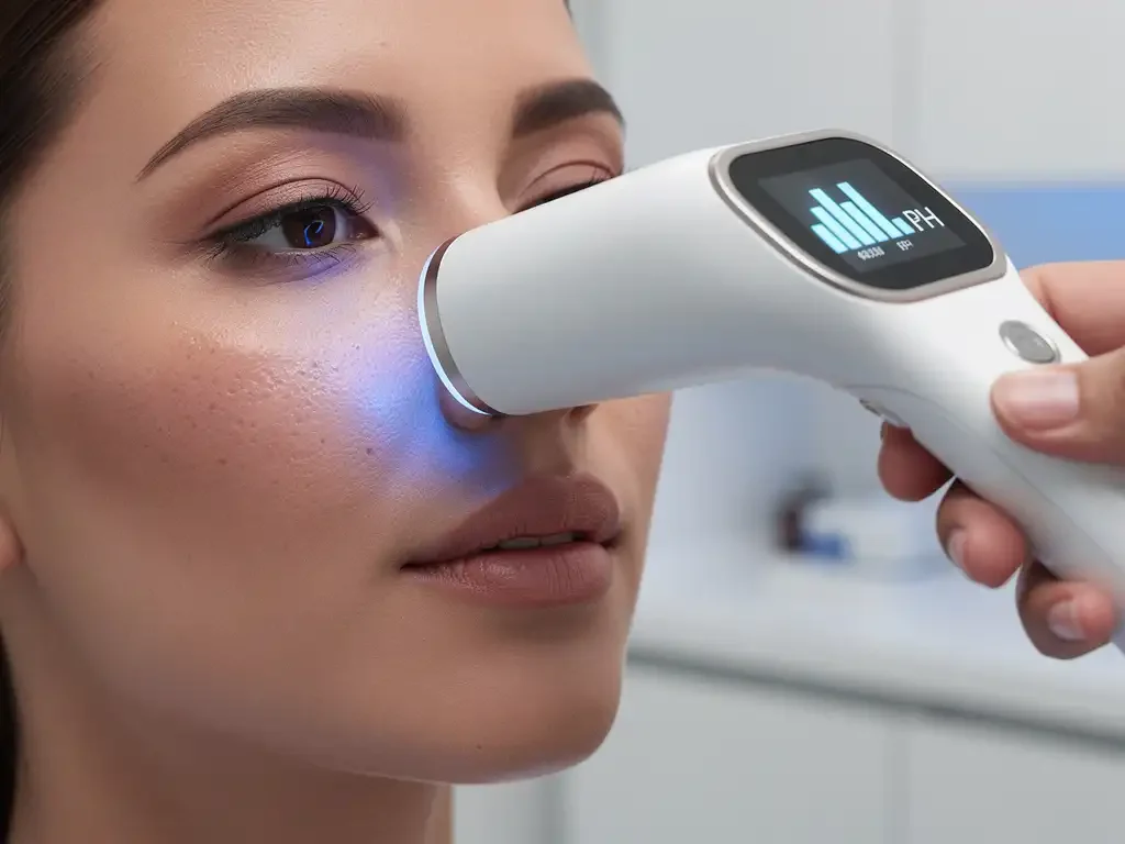 Geavanceerd 3D huidanalyserapparaat met witte sonde boven wang van model, digitaal scherm toont pH-metingen, blauwe diagnostische lichtstraal