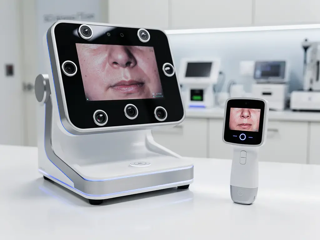 Professioneel 3D huidanalyseapparaat met sensoren en display naast compacte handscanner op witte medische balie onder LED-verlichting