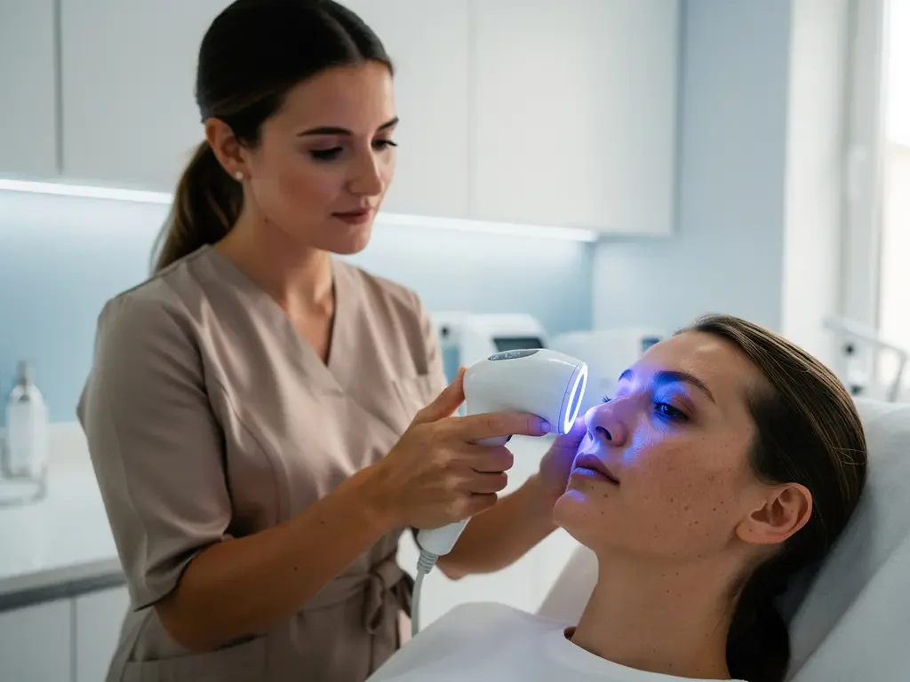 Huidspecialist positioneert witte 3D huidanalyse scanner bij gezicht van cliënt in moderne esthetische kliniek