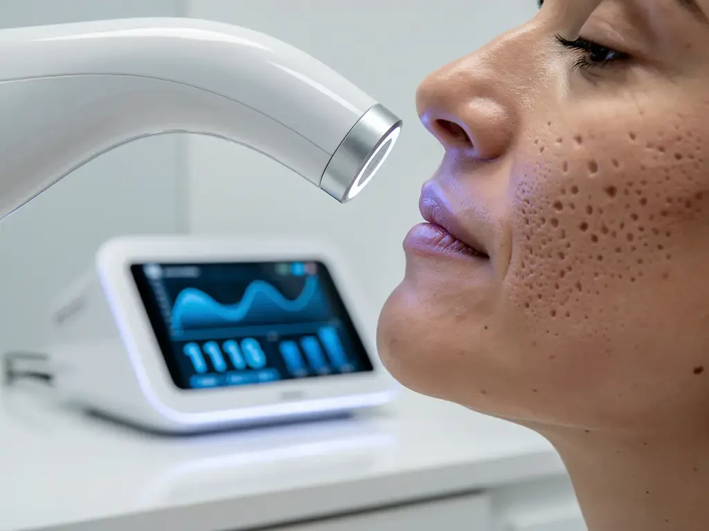 3D huidanalysegereedschap met witte sonde boven gezichtshuid toont sebummeting op LED-display in moderne dermatologiekliniek