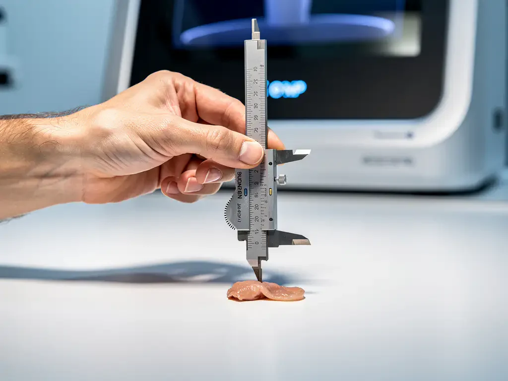 Dermatoloog meet huidmonster dikte met digitale schuifmaat op steriele onderzoektafel, 3D scanapparatuur op achtergrond
