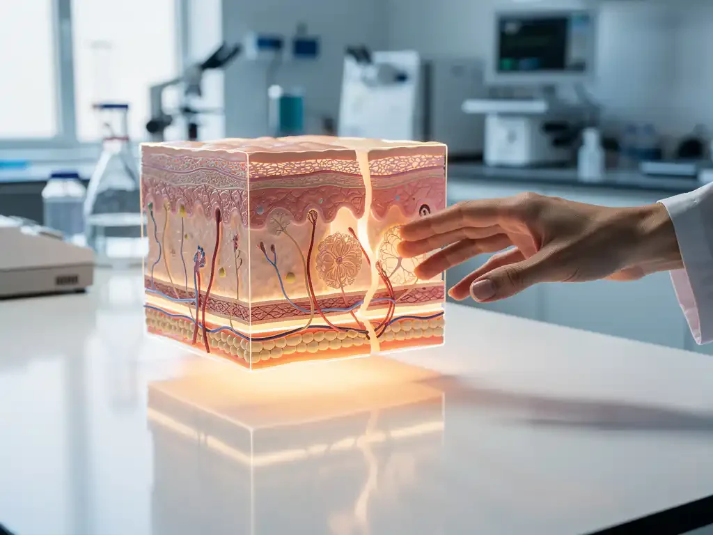Wetenschapper reikt naar 3D holografische projectie van menselijke huidlagen boven laboratoriumtafel