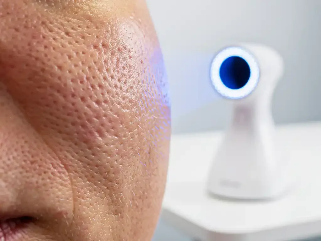 Gedetailleerde huidporiën op wang met witte 3D huidanalyse-apparaat dat blauwe LED-scanner licht uitstraalt op medische onderzoekstafel