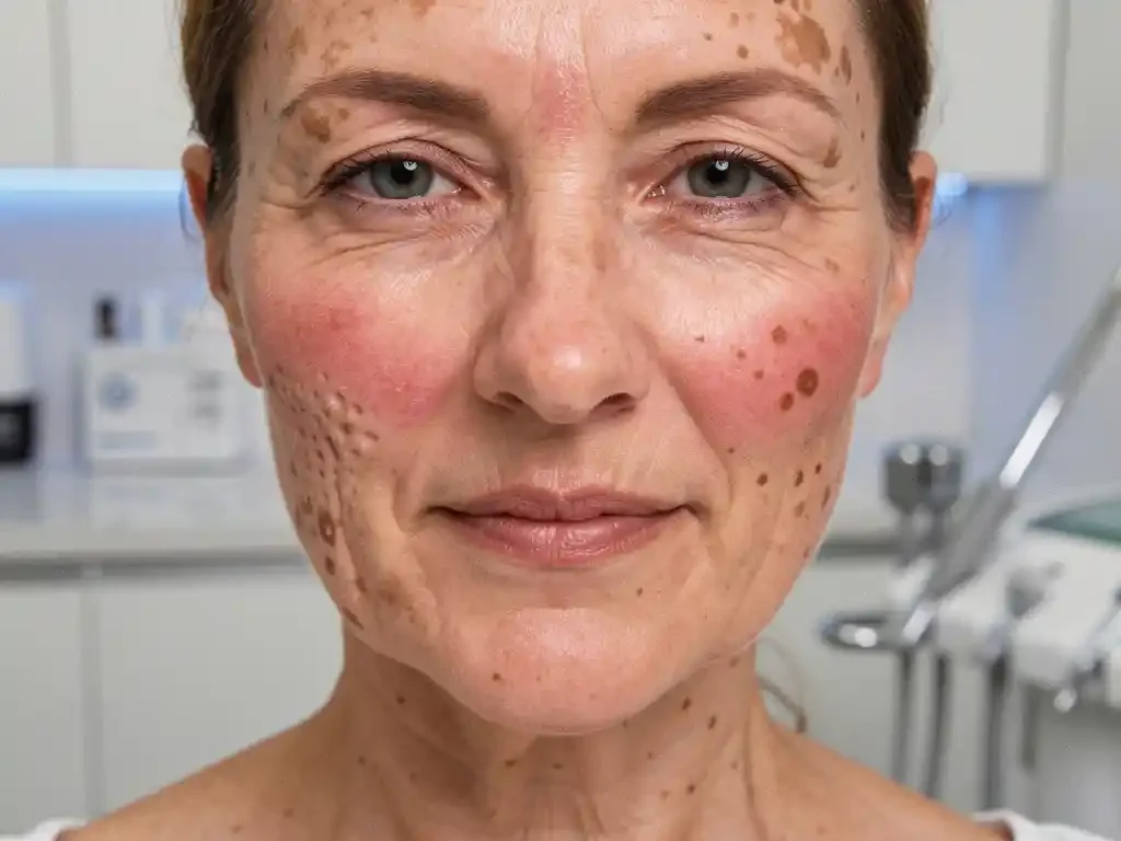 Vrouw toont huidproblemen zoals acnelittekens, melasma, rimpels en rosacea in medische kliniek met zachte verlichting