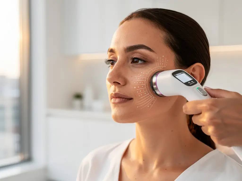 3D huidscanner analyseert gezichtstextuur van vrouw in moderne kliniek met natuurlijk daglicht