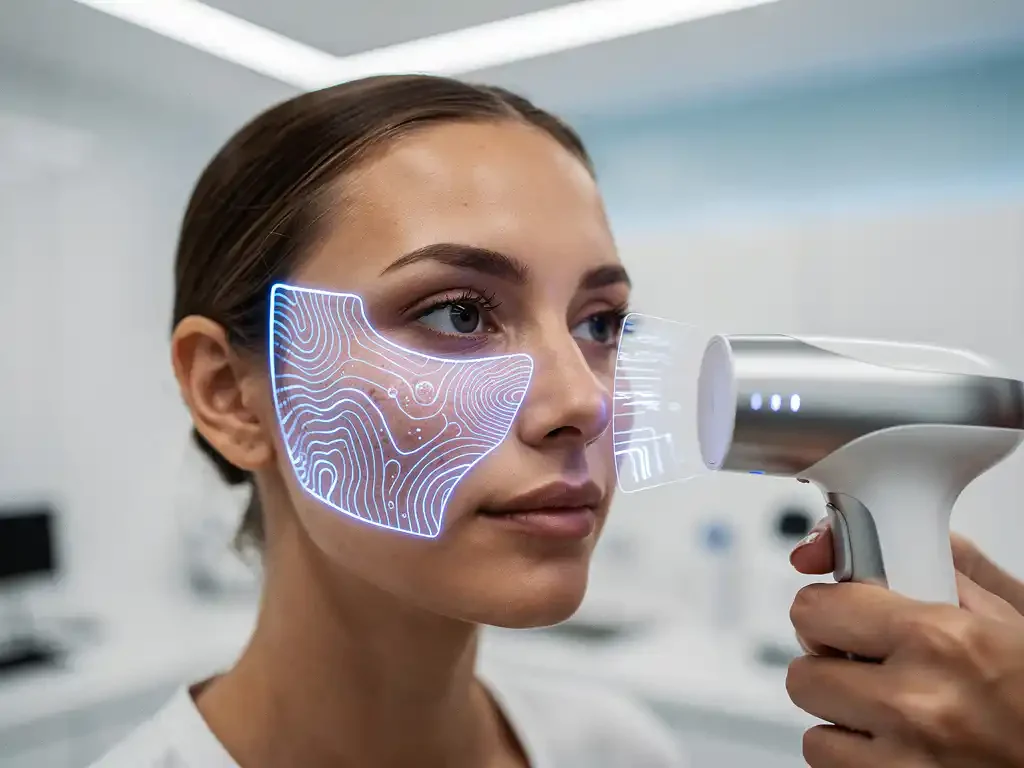 3D huidscanner projecteert holografische kaart op vrouwenwang in steriele medische kliniek met blauwe laserlijnen