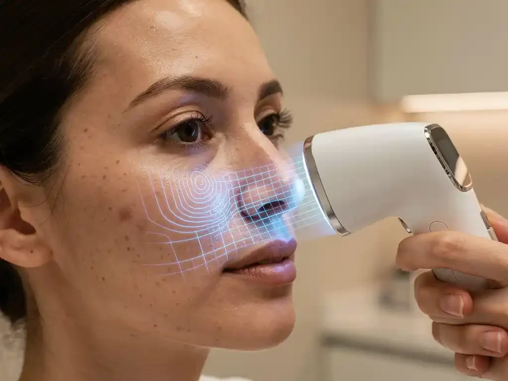 3D huidscanner projecteert topografische lichtpatronen op wang van vrouw in professionele medische esthetiek kliniek