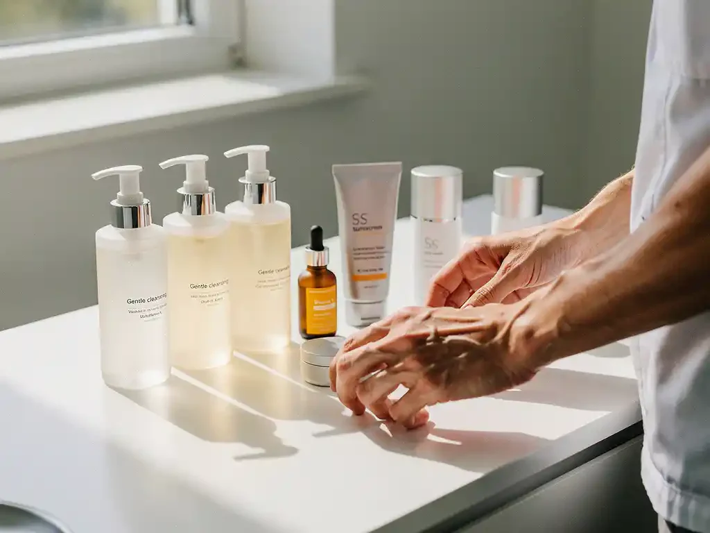 Medische professional rangschikt acht essentiële huidverzorgingsproducten op witte klinische werkblad, inclusief reiniger, vitamine C serum en zonnebrandcrème