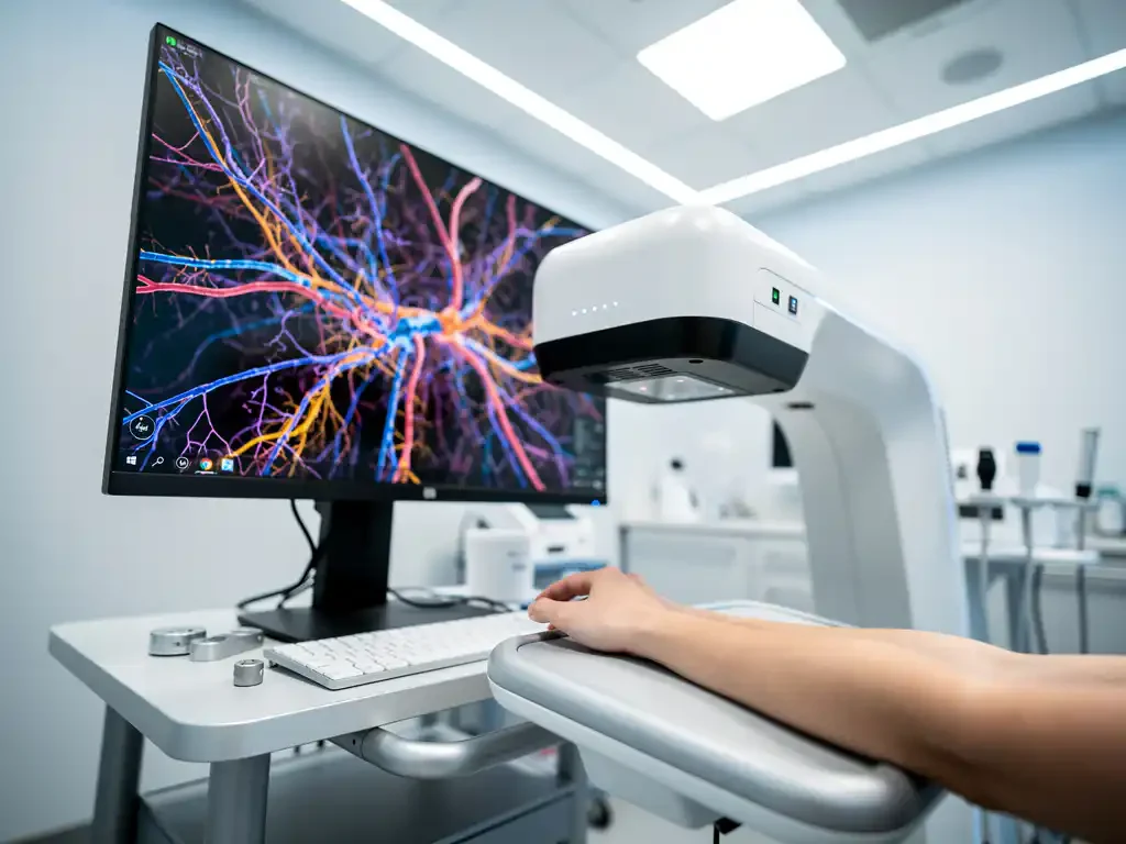 Geavanceerde 3D medische beeldvormingsapparatuur toont microcirculatiepatronen op hoogresolutiemonitor in steriele onderzoekskamer