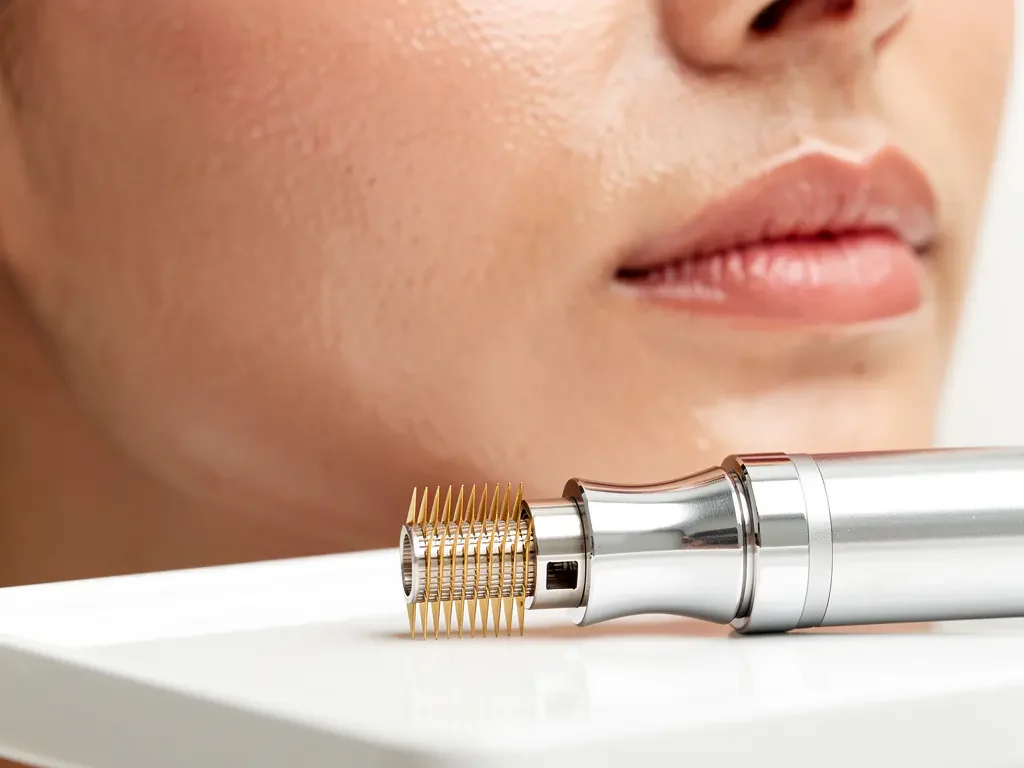 Gladde gezichtshuid met natuurlijke textuur naast professionele microneedling-apparaat met gouden naalden op witte medische dienblad