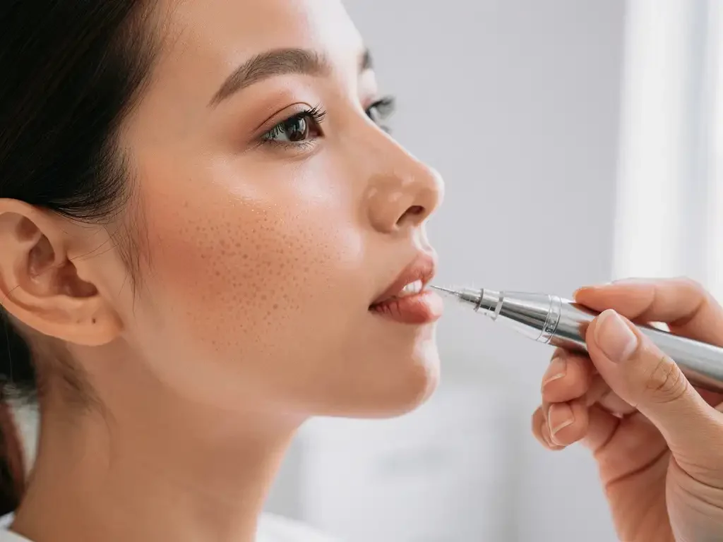 Vrouw in profiel toont huidverbetering door microneedling behandeling, gladde textuur en verfijnde poriën zichtbaar