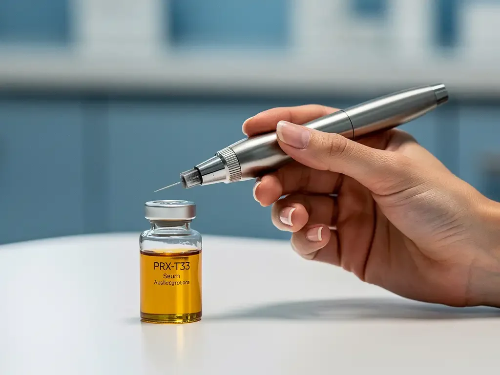 Estheticienne houdt microneedling pen vast naast glazen flesje gouden PRX-T33 serum op witte behandeltafel