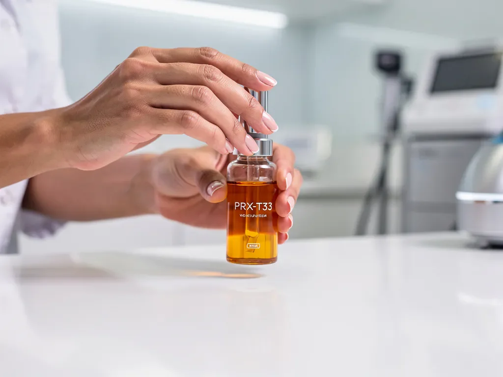 Estheticienne houdt PRX-T33 behandelingsflesje met amber serum boven witte behandeltafel in moderne kliniek