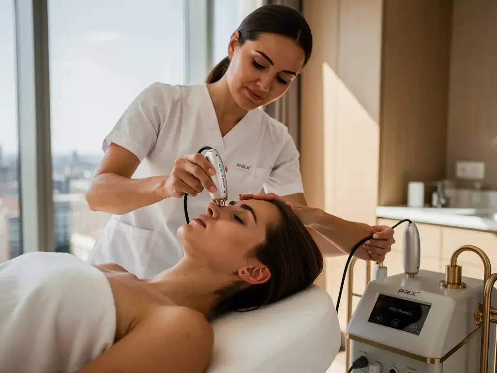 Professionele schoonheidsspecialiste past PRX-therapie apparaat aan op behandeltafel tijdens gezichtsbehandeling in moderne kliniek