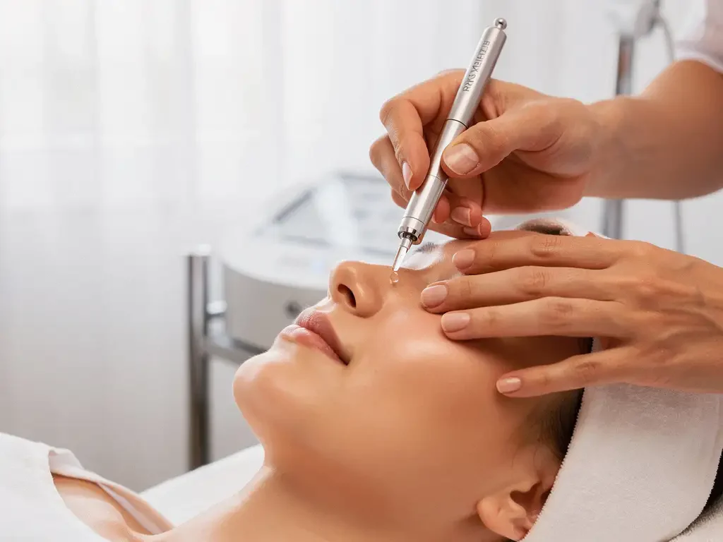 Estheticienne past PRX-therapie serum toe op gezichtshuid van cliënt met medische applicator in witte klinische ruimte