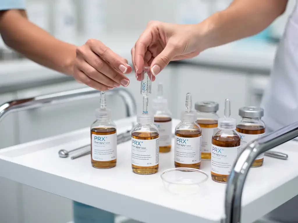Estheticienne positioneert PRX-therapie flesje naast behandelingsserums op witte medische kar in steriele kliniek