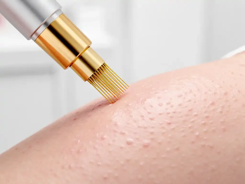 PRX-therapie microneedling apparaat met gouden naalden boven gladde huid in steriele klinische behandelkamer