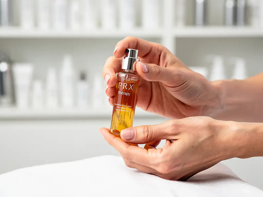 Estheticienne houdt glazen flesje PRX-therapie serum boven witte behandeltafel in klinische spa-omgeving