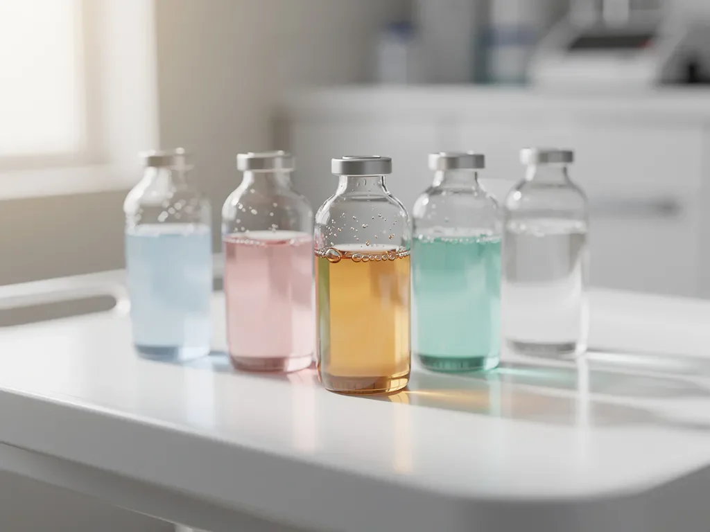 Vijf glazen flesjes met gekleurde serums op witte medische dienblad in natuurlijk licht