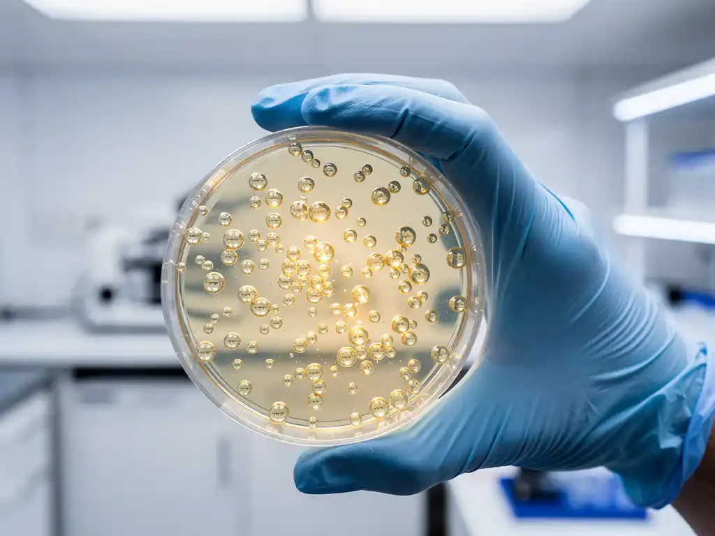 Wetenschapper houdt petrischaal met luminescente microsferen in steriel laboratorium