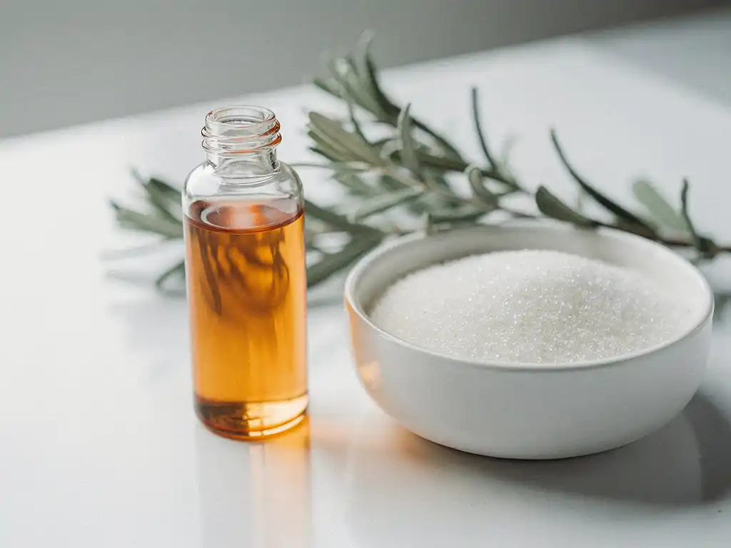 Gloeiend glazen flesje biostimulator serum naast keramische exfoliatieschaal met peeling granules op wit klinisch oppervlak, salie groen botanisch takje.