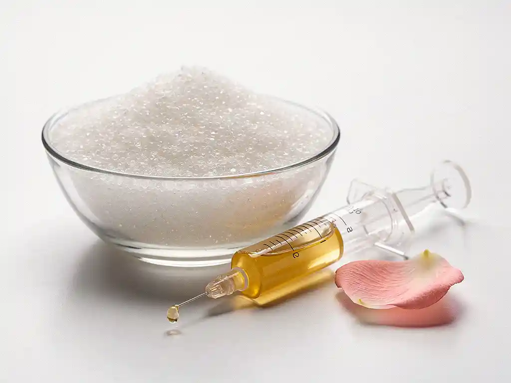 Glazen schaaltje met kristallijne exfoliërende korrels naast een spuit met gél serum, verse camelia bloemblaadjes op wit klinisch oppervlak.