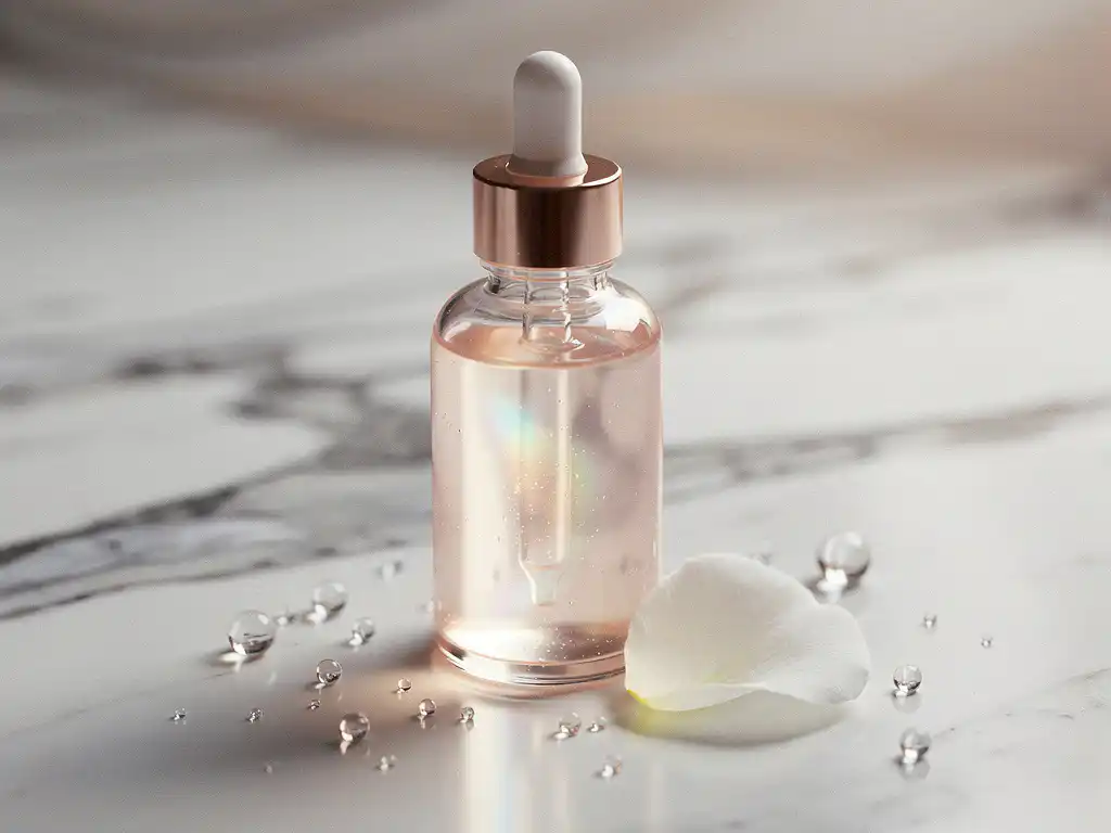 Glazen druppelflesje met serum op wit marmer, omringd door waterdruppels en een wit bloemblaadје in zacht rozégouden licht.
