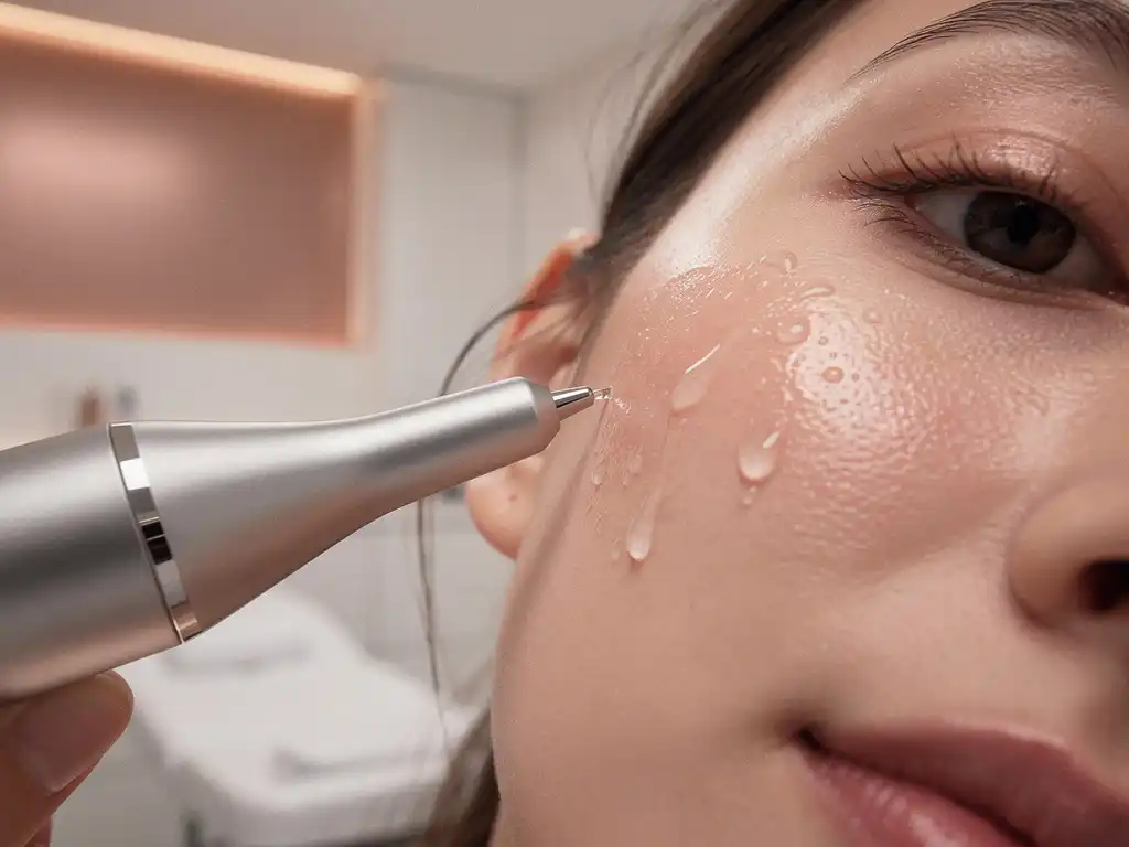 Vrouwelijke jukbeenderen behandeld met een niet-injecteerbare skinbooster, serumdruppelets zichtbaar op stralende, gehydrateerde huid.
