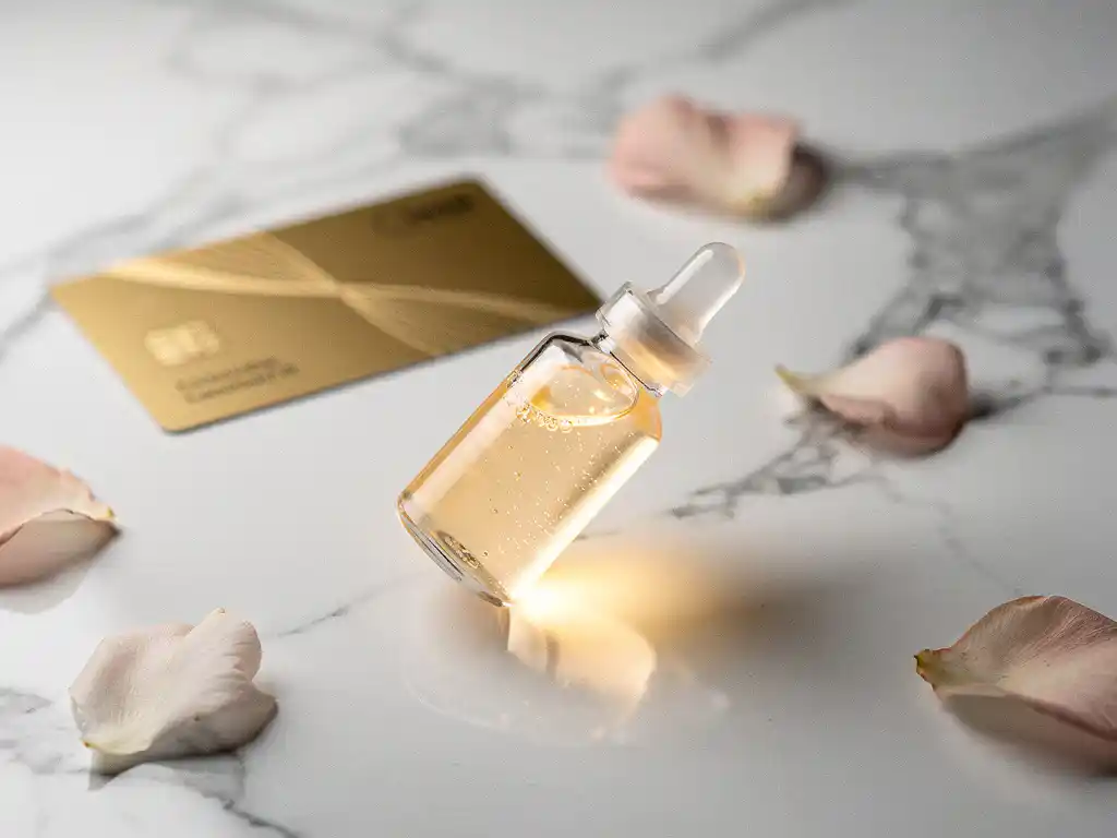 Glazen ampul met skinbooster serum op wit marmer, omringd door gouden loyaliteitskaart en botanische bloemblaadjes.