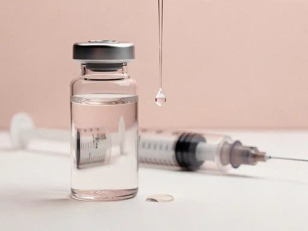 Glazen injectieflacon met skinbooster-serum op wit oppervlak, hyaluronzuurdruppel aan naaldtip, tweede spuit op achtergrond.