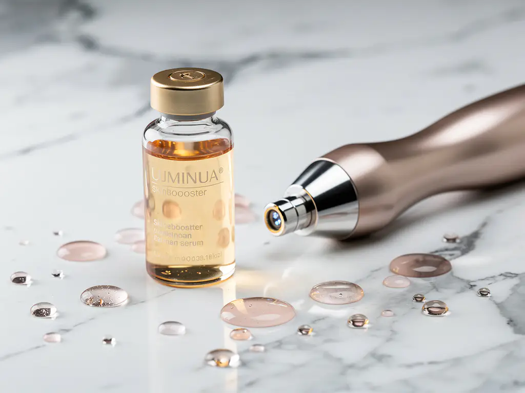 Glazen injectieflacon met skinbooster serum naast een laserhandstuk op marmeren ondergrond, met hydraterende geldruppels in zacht studiolicht.