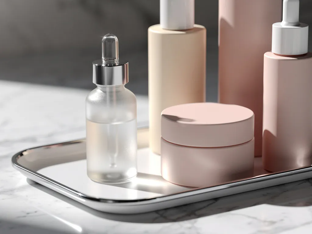 Glazen skinbooster-ampul op klinische tray naast minimalistische serums en moisturizers op marmeren ondergrond in zacht natuurlijk licht.