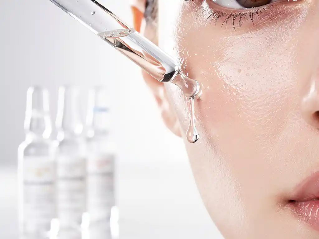 Vrouw met stralende, dauwachtige huid houdt een glazen serumdruppelaar tegen haar jukbeen, met hyaluronzuur skinbooster-ampullen op de achtergrond.