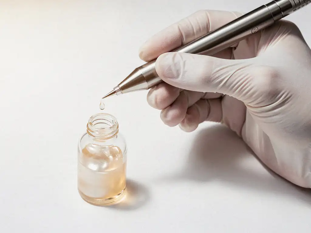 Gehandschoende hand met microneedling pen boven glazen flesje huidbooster serum op wit klinisch oppervlak.