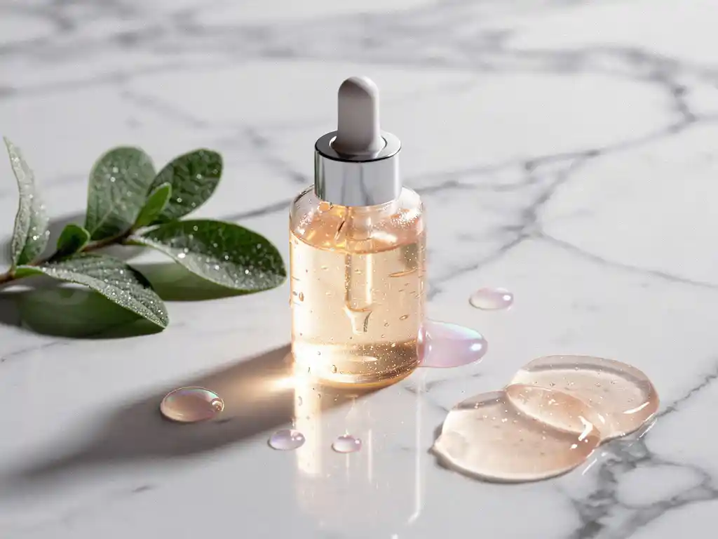 Glazen druppelflesje met iriserende serum op marmeren ondergrond, omringd door botanische bladeren en hyaluronzuur gel, zachte parelwitte tinten.