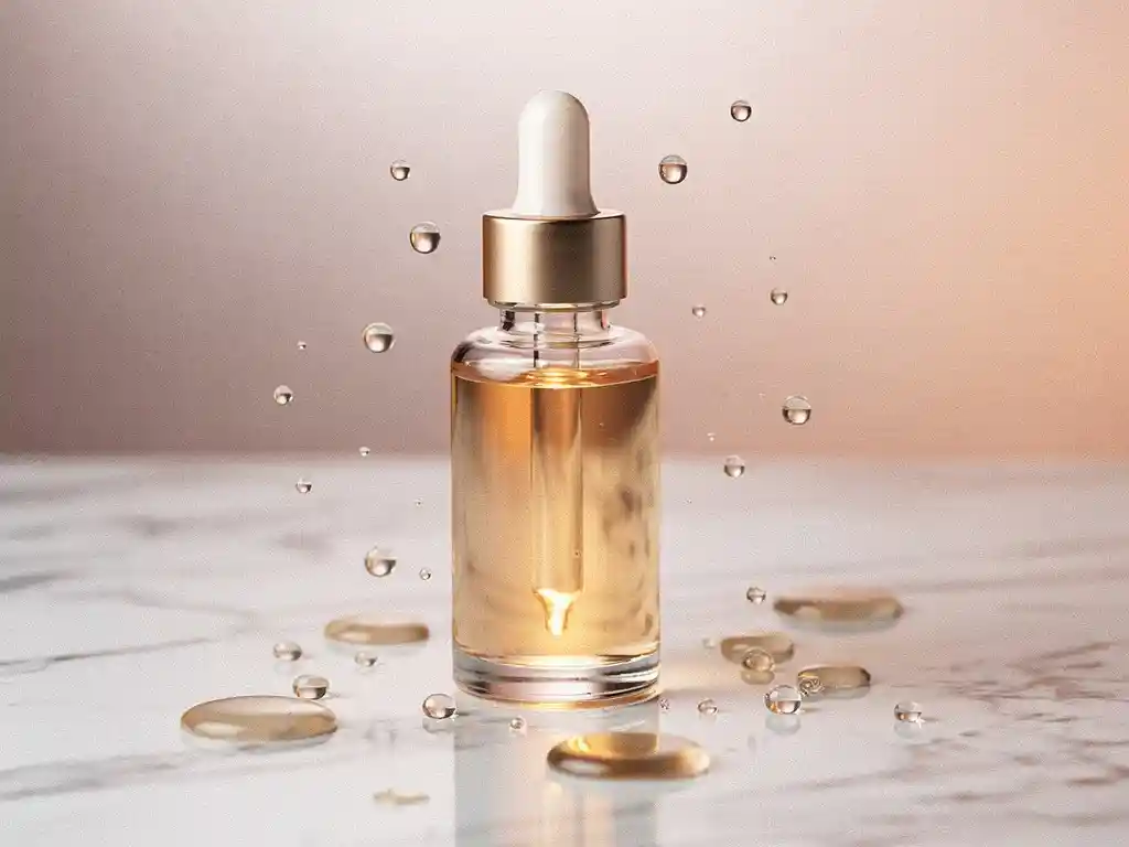 Glazen ampul met lumineuze skinbooster serum op wit marmer, omringd door hydraterende druppels in goud- en rozetinten.