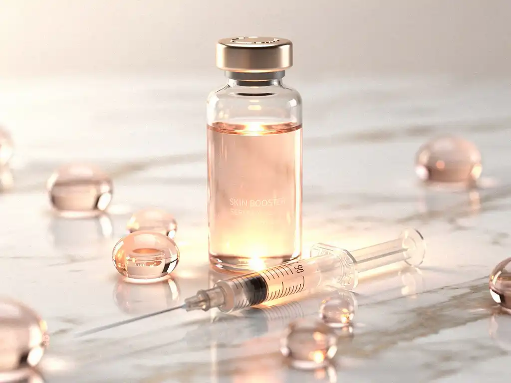Glazen ampul met skinbooster serum op wit marmer, omringd door hyaluronzuurdruppels met medische spuit ernaast.