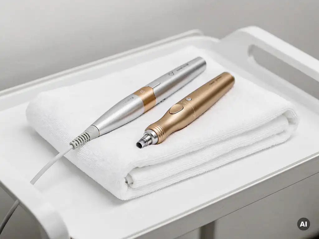Bedrade en draadloze microneedling pen naast elkaar op een witte klinische behandelingstafel met zacht diffuus licht.