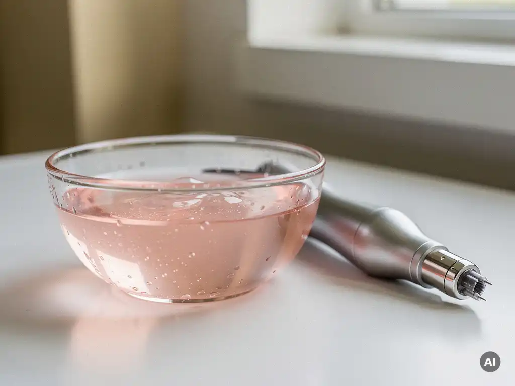 Glazen kom met chemische peeling oplossing naast een RF-microneedling handstuk op een witte klinische behandeloppervlak.