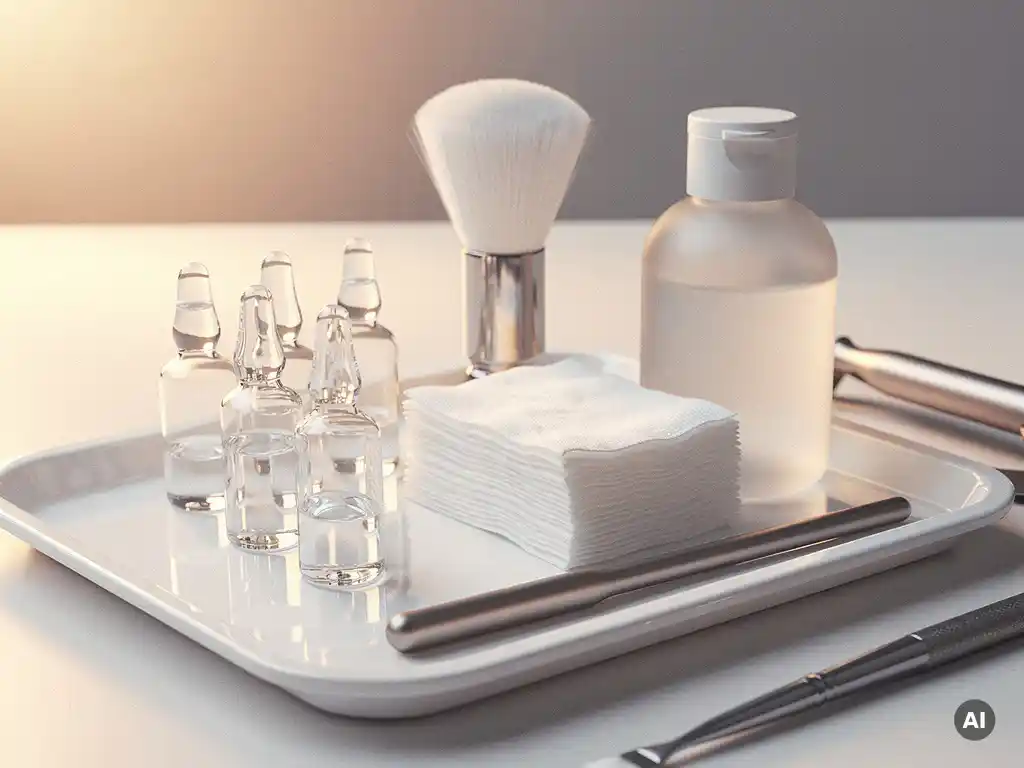 Professionele chemical peel kit op wit klinisch dienblad met glazen serumflesjes, gaasjes, waaierborsel en neutraliserende oplossing.