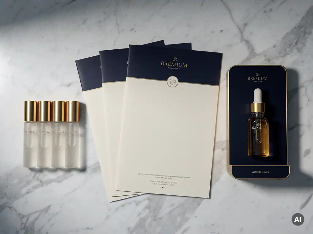 Cosmetische marketingmaterialen, monsterampullen en glazen druppelflesje op wit marmer met zacht natuurlijk licht.